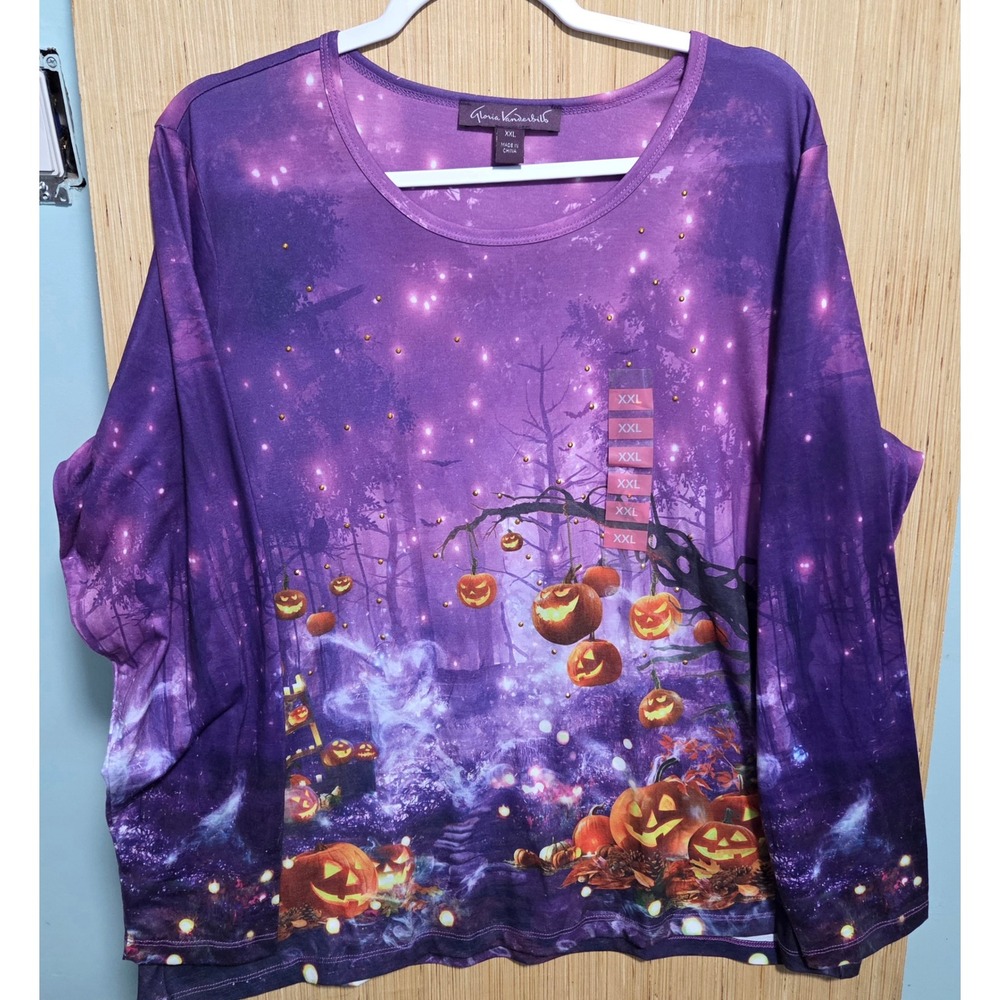 Gloria Vanderbilt Womens XXL Halloween Pumpkin Forest Purple Long Sleeve Top New